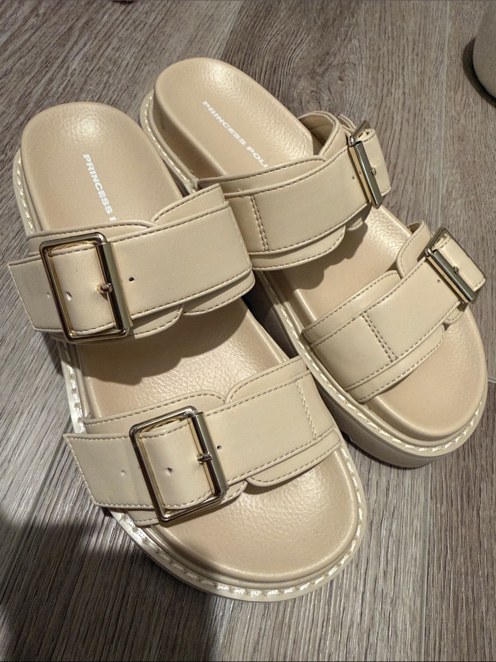 Princess Polly Beige Double-Buckle Slide Sandals